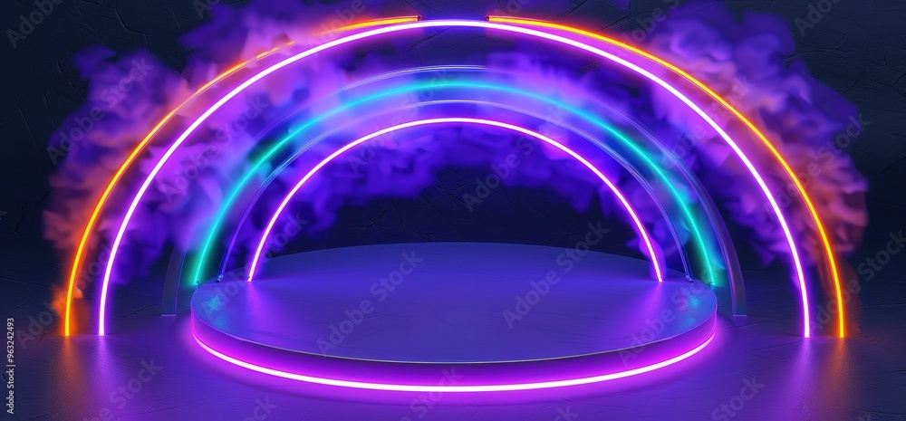 Neon light circles with smoke in a dark background. A podium sits in the middle. Neon light circles with smoke in a dark background. A podium sits in the middle.