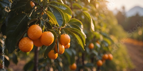 Oranges in an orange field ready for harvest in the morning light of agricultural work are dazzling and shining.