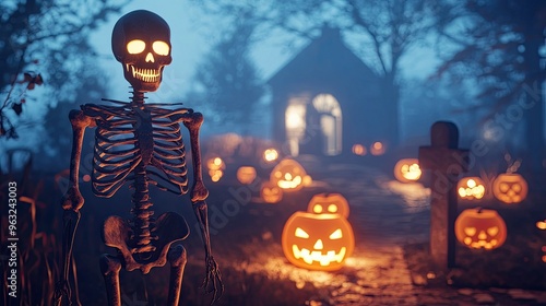 Eerie skeleton icon standing in a foggy graveyard, with glowing jack-o-lanterns around it. photo