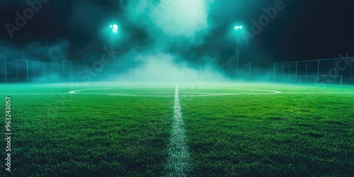 A soccer field with textured grass, illuminated by neon fog at the center circle.