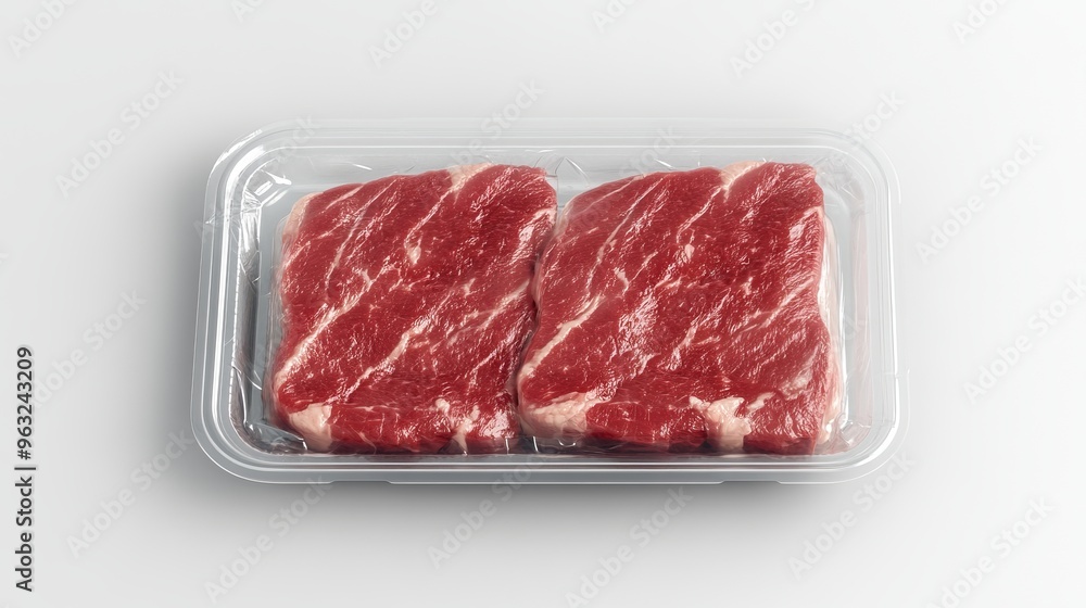 Blank transparent plastic tray with beef mockup, top view, 3d rendering. Empty cellophane or foil packaging for red meat mock up, isolated. Clear market vacuum packaged for uncooked sirloin template Blank transparent plastic tray with beef mockup, top view, 3d rendering. Empty cellophane or foil packaging for red meat mock up, isolated. Clear market vacuum packaged for uncooked sirloin template