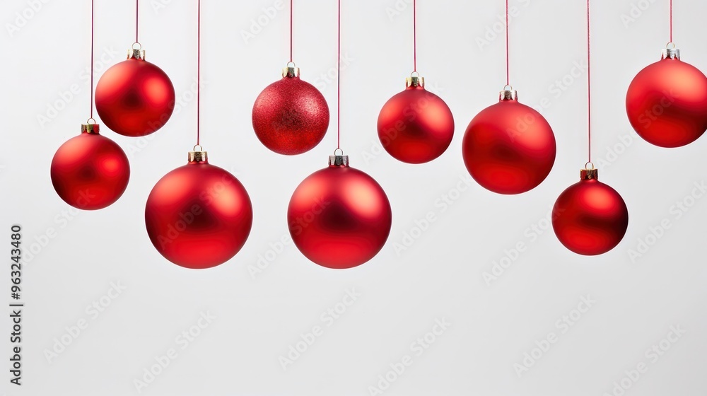 A cluster of red Christmas ornaments in various shapes and sizes, hanging from a pine branch A cluster of red Christmas ornaments in various shapes and sizes, hanging from a pine branch