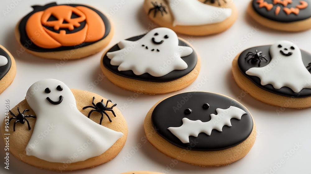 Obraz premium Halloween-themed cookies decorated with ghosts, pumpkins, and spiders, neatly arranged against a blank background emphasizing their festive designs.