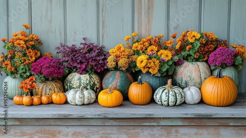 array of pumpkins and vibrant autumn flowers arranged together, showcasing a colorful and cheerful fall display on a rustic porch.