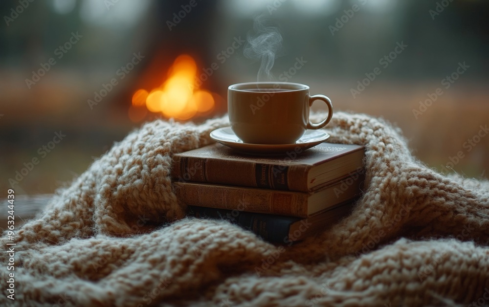 a fluffy blanket, and a cup of tea creating an inviting atmosphere. a fluffy blanket, and a cup of tea creating an inviting atmosphere.