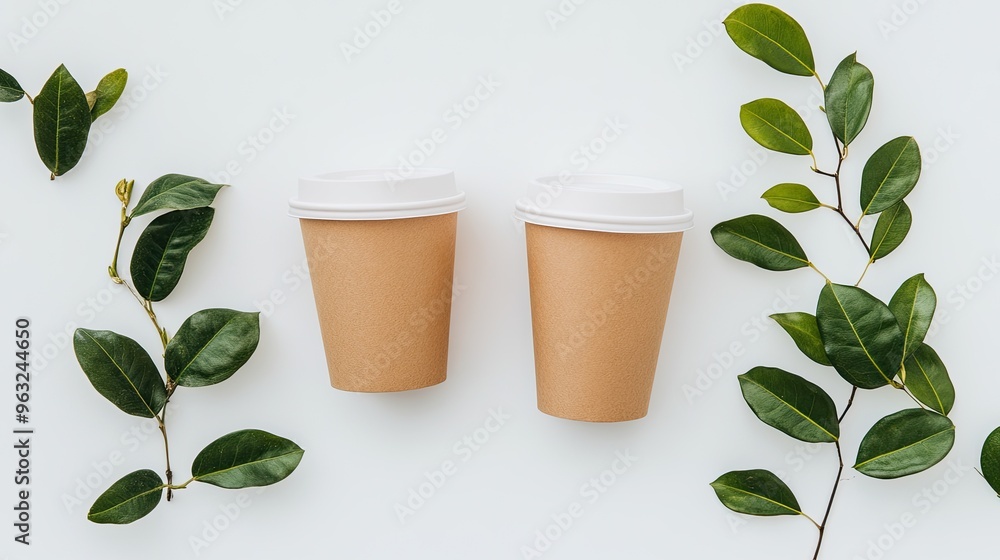 Three brown paper coffee cups are arranged with fresh green tea leaves on a white background, creating a warm and inviting atmosphere for tea lovers Three brown paper coffee cups are arranged with fresh green tea leaves on a white background, creating a warm and inviting atmosphere for tea lovers