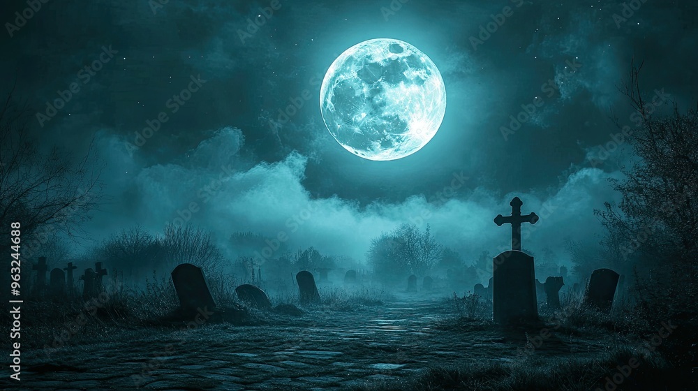 Icon of a full moon glowing over a misty graveyard, with eerie shadows cast on the ground. Icon of a full moon glowing over a misty graveyard, with eerie shadows cast on the ground.