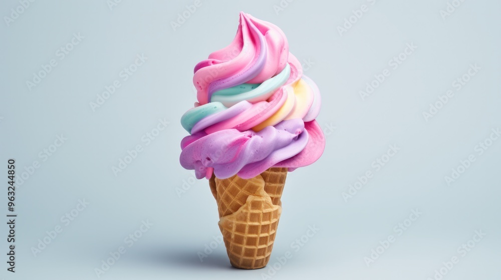 A colorful swirl of soft serve ice cream in a waffle cone A colorful swirl of soft serve ice cream in a waffle cone