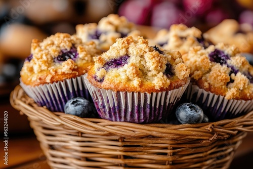 Freshly baked blueberry muffins with a golden crumb topping, arranged in a basket