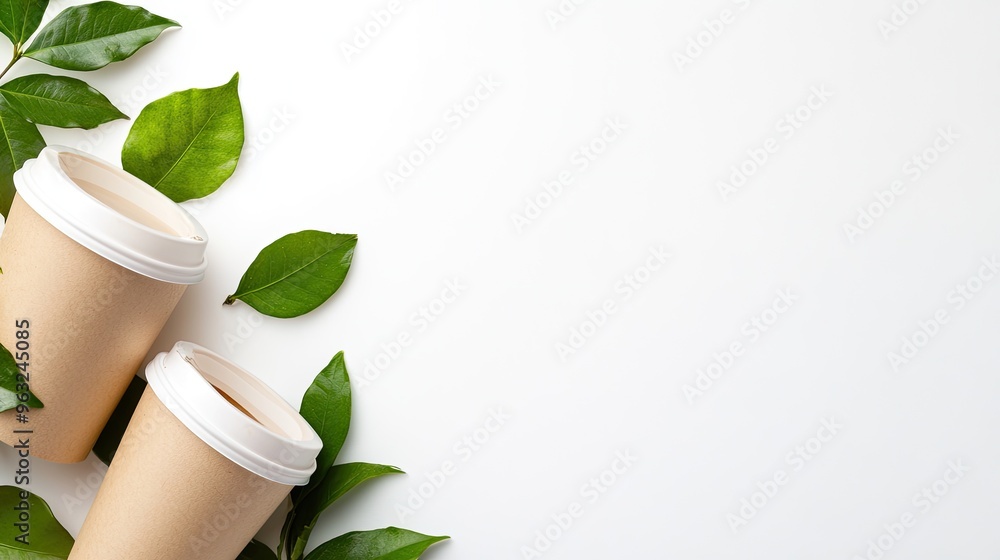 Three brown paper coffee cups are arranged with fresh green tea leaves on a white background, creating a warm and inviting atmosphere for tea lovers Three brown paper coffee cups are arranged with fresh green tea leaves on a white background, creating a warm and inviting atmosphere for tea lovers