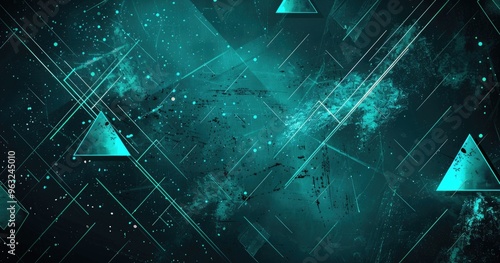 A digital abstract design featuring teal triangles and geometric patterns against a dark background.
