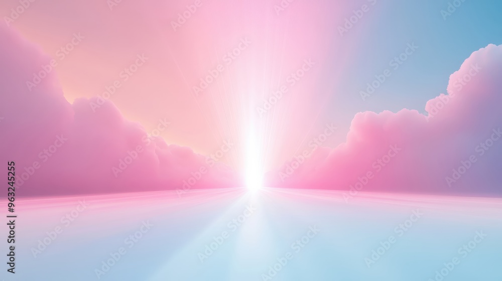 A pink and blue sky with a bright light shining through the clouds A pink and blue sky with a bright light shining through the clouds