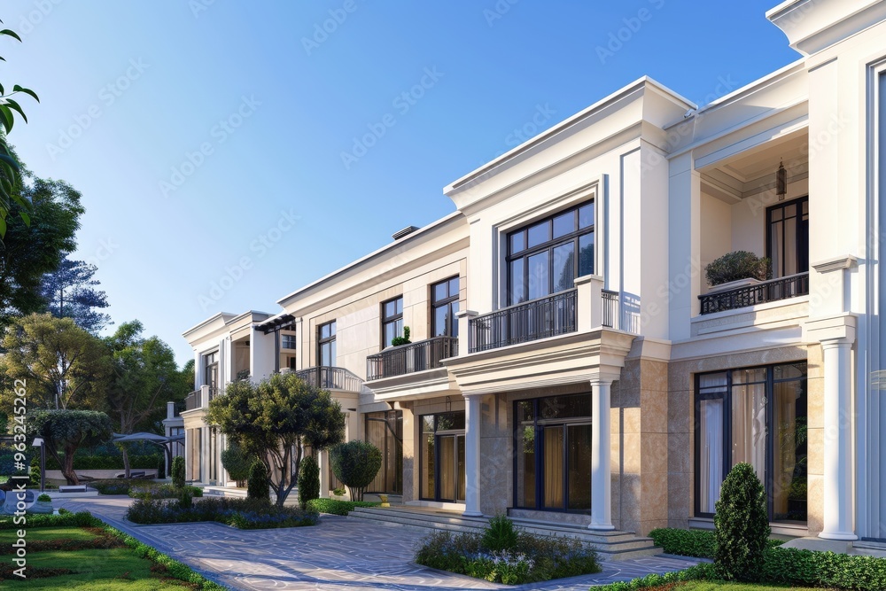 A modern two-story house with a flat roof and large windows. Beautiful simple AI generated image A modern two-story house with a flat roof and large windows. Beautiful simple AI generated image