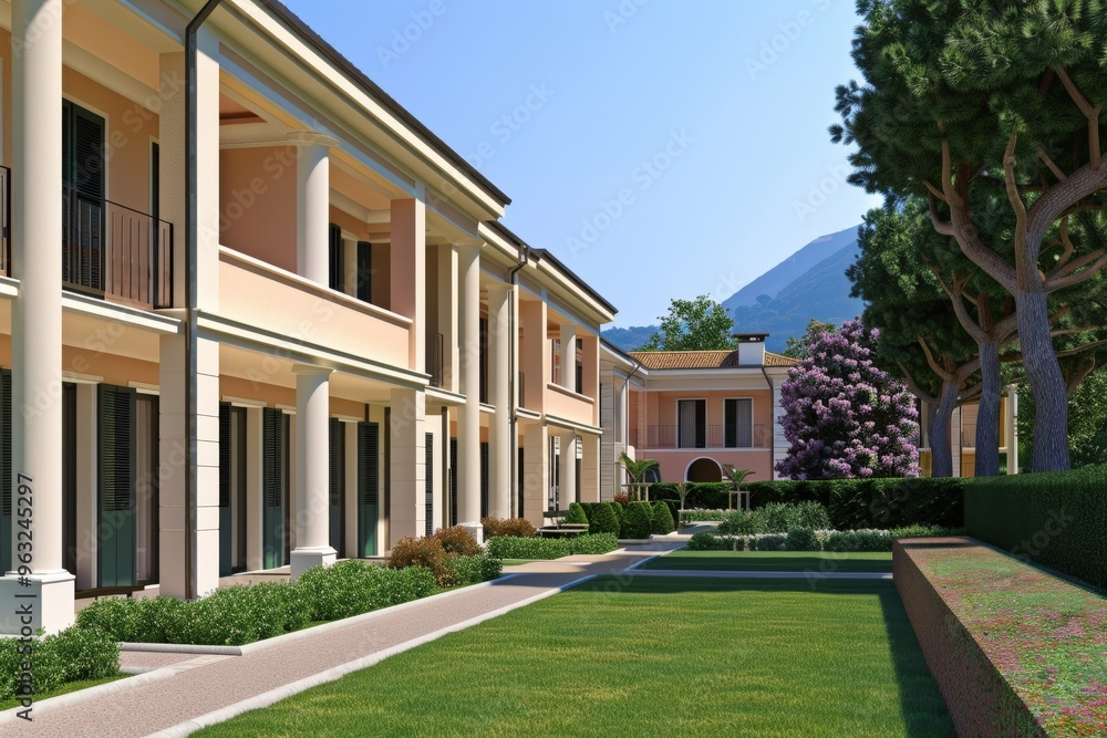 A modern two-story house with a flat roof and large windows. Beautiful simple AI generated image A modern two-story house with a flat roof and large windows. Beautiful simple AI generated image