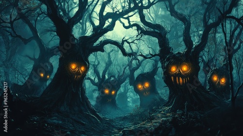 Icon of a haunted forest with twisted trees and glowing eyes peeking out from the darkness photo