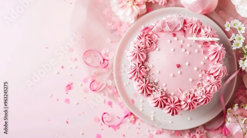 A delightful pink birthday cake forms a charming background. The pink color gives a soft and festive look. The cake has a smooth surface and is likely decorated with various elements. It brings a sens