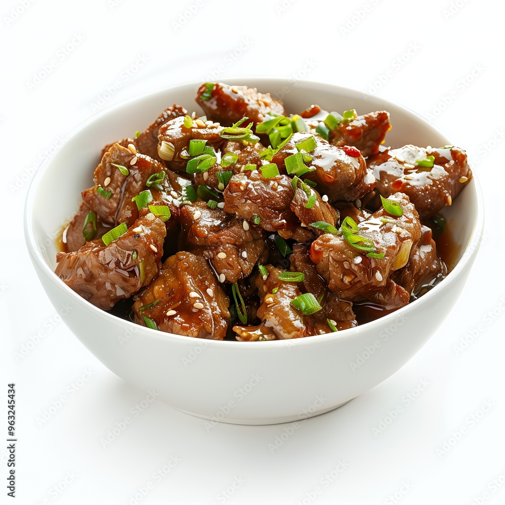 Closeup of a bowl of beef stir fry with green onions and sesame seeds. Closeup of a bowl of beef stir fry with green onions and sesame seeds.