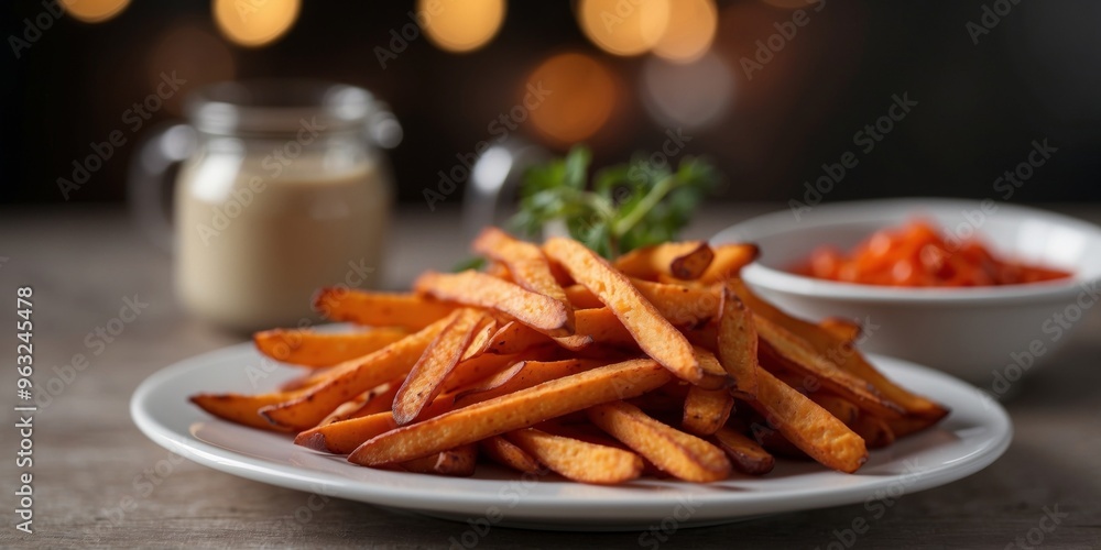 The sweet potato fries are crispy and flavorful image. The sweet potato fries are crispy and flavorful image.