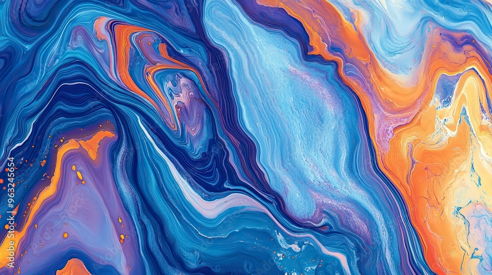 A colorful abstract painting in a fluid art style, featuring bold shades of blue, vibrant coral, and yellow, with smooth curves and rippling textures A colorful abstract painting in a fluid art style, featuring bold shades of blue, vibrant coral, and yellow, with smooth curves and rippling textures