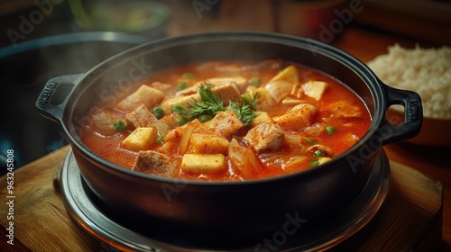 Spicy Kimchi Jjigae with Tofu, Beef, and Vegetables in Rich Broth