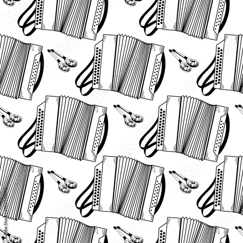 Folk musical instruments, accordion, accordion, wooden painted spoons, all objects are hand drawn in vector. Seamless vector pattern. Suitable for printing on fabric, paper, for poster design.