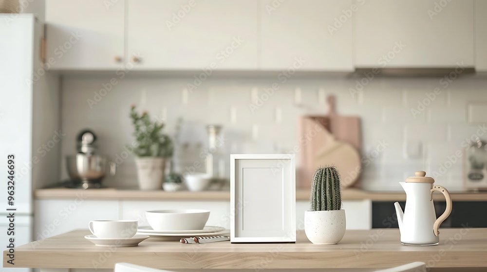 Minimalist kitchen setup with a cactus ceramic plate and dinnerware on a sleek table with clean white cabinetry offering a fresh and modern aesthetic for contemporary home decor and design lovers Minimalist kitchen setup with a cactus ceramic plate and dinnerware on a sleek table with clean white cabinetry offering a fresh and modern aesthetic for contemporary home decor and design lovers