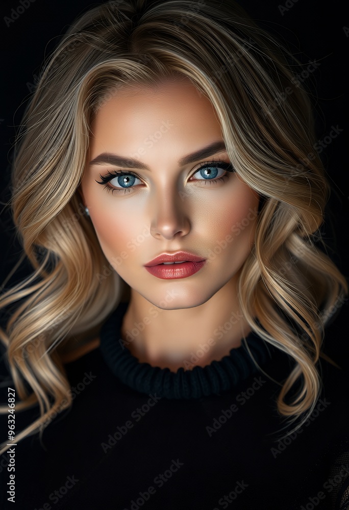 Fototapeta premium Elegant blonde in black gown, beauty, fashion look and hairstyle, face portrait of beautiful woman, for skincare cosmetics, hair care, glamour style 