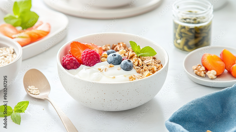Healthy breakfast bowl with yogurt, granola, fresh berries, and mint leaves on a light countertop with additional dishes nearby Healthy breakfast bowl with yogurt, granola, fresh berries, and mint leaves on a light countertop with additional dishes nearby