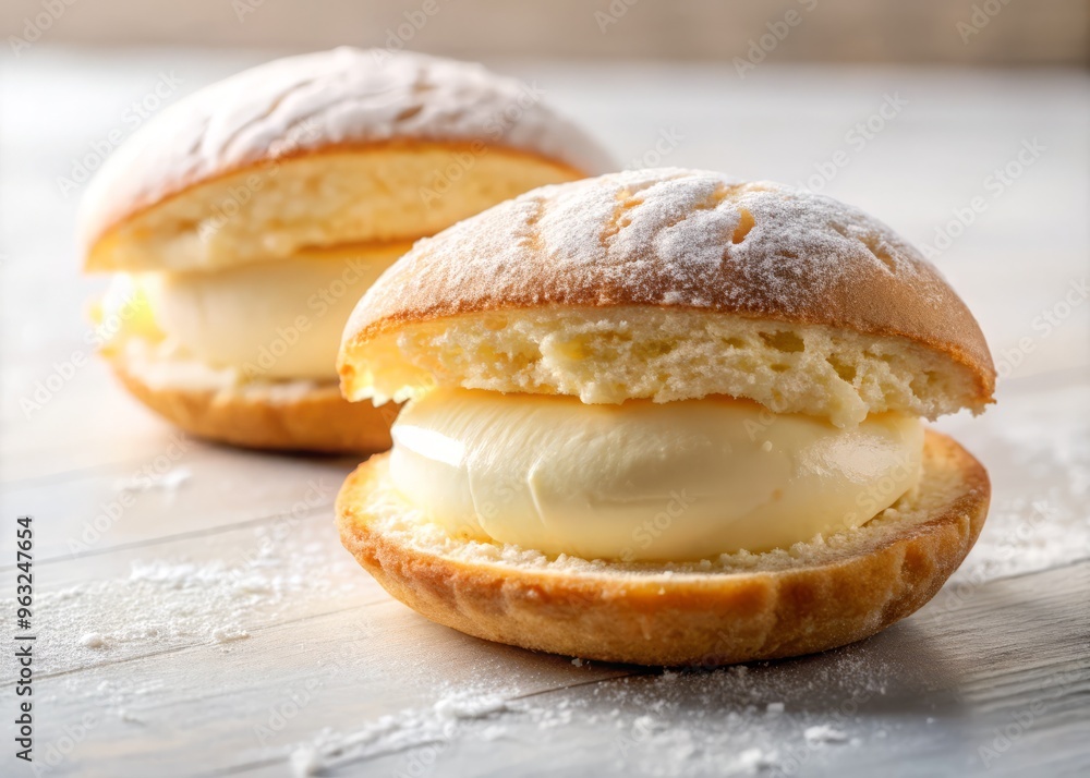 A Maritozzi, halved to reveal its decadent cream filling, resting on a spotless white surface, with a delicate balance of soft A Maritozzi, halved to reveal its decadent cream filling, resting on a spotless white surface, with a delicate balance of soft