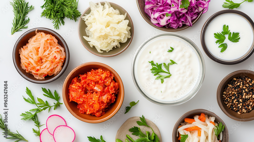 Assorted fermented vegetables and dips arranged in bowls on a white background, highlighting colorful and healthy condiments Assorted fermented vegetables and dips arranged in bowls on a white background, highlighting colorful and healthy condiments