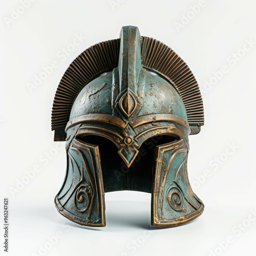 Majestic Spartan Helmet: An intricately crafted bronze and verdigris Spartan helmet, adorned with ornate details, stands tall against a pristine white backdrop, embodying the valor and might of ancien