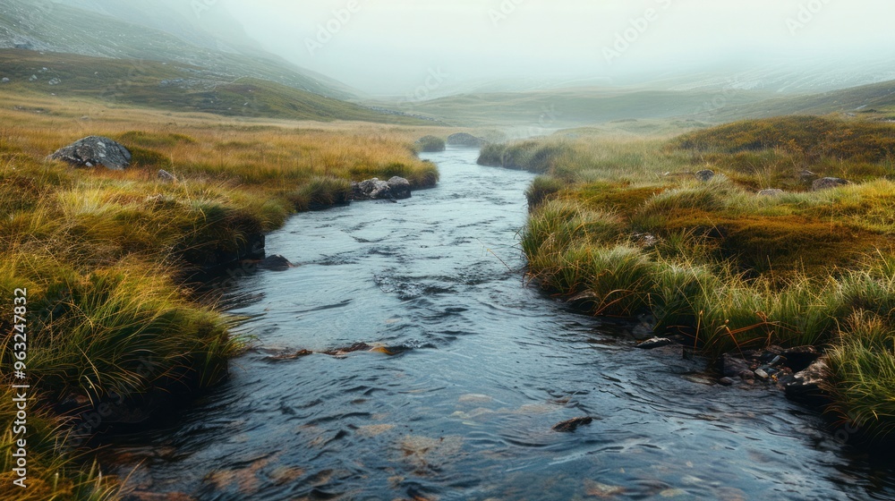 Fototapeta premium A crystal-clear stream meandering through a misty valley