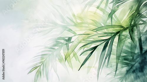 Watercolor, Soft painting of palm branches, delicate brush strokes and gentle green haus, peaceful and spiritual atmosphere, background with copy space