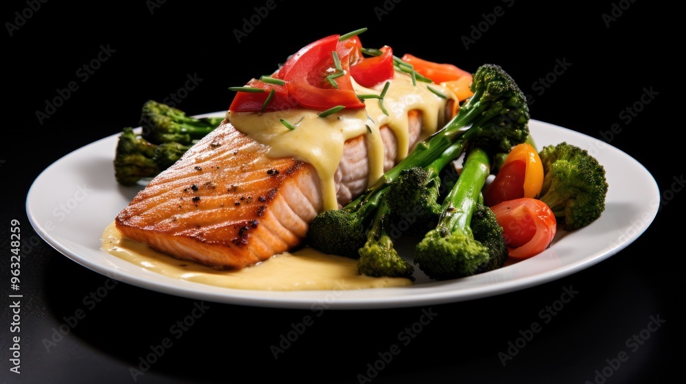 A culinary masterpiece: a pan-seared salmon fillet atop a bed of roasted vegetables, including asparagus, broccoli, and bell peppers, drizzled with a beurre blanc sauce. A culinary masterpiece: a pan-seared salmon fillet atop a bed of roasted vegetables, including asparagus, broccoli, and bell peppers, drizzled with a beurre blanc sauce.