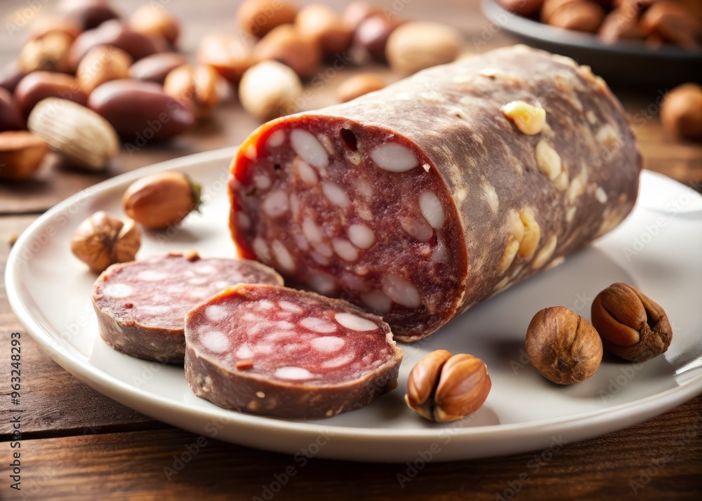 Vertical shot of a single piece of Salame del Duca, carefully positioned on a plain white plate to maximize the visual impact of its layers Vertical shot of a single piece of Salame del Duca, carefully positioned on a plain white plate to maximize the visual impact of its layers