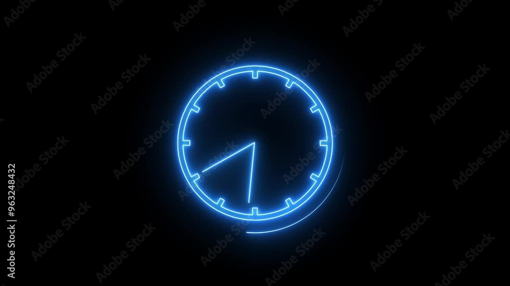 Neon glowing clock icon animation on background. Neon glowing clock icon animation on background.