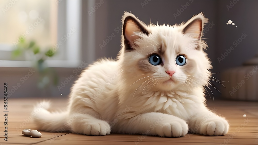 Obraz premium adorable cat playing with a dog on the beach, generative AIAdorable Ragdoll Cat Cartoon Character (Generative AI-Created)