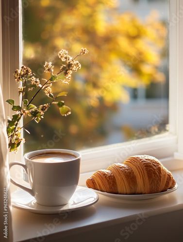 A cup of coffee and a croissant sit on a windowsill, bathed in warm morning sunlight. photo