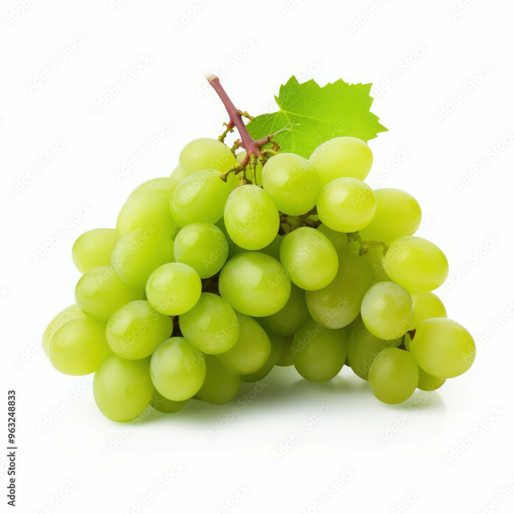 Green Grapes on White Background: A cluster of fresh, green grapes with a single leaf rests on a clean white backdrop, highlighting the fruit's vibrant hue and natural beauty. Green Grapes on White Background: A cluster of fresh, green grapes with a single leaf rests on a clean white backdrop, highlighting the fruit's vibrant hue and natural beauty.