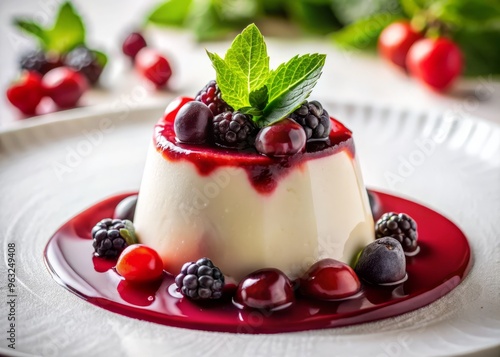 A shallow depth of field emphasizes the luscious texture of the panna cotta, with the berry sauce pooling at the base of the dessert, creating a pop of color against the clean white surroundings. photo