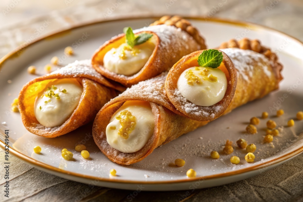 Golden hour glow Cannoli arranged in a deliberate scattering pattern on a pristine white plate, highlighting the contrast between the crispy Golden hour glow Cannoli arranged in a deliberate scattering pattern on a pristine white plate, highlighting the contrast between the crispy