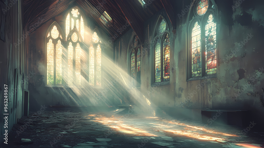 Fototapeta premium A serene interior of an abandoned building with light streaming through stained glass windows. Abandoned Building. Illustration
