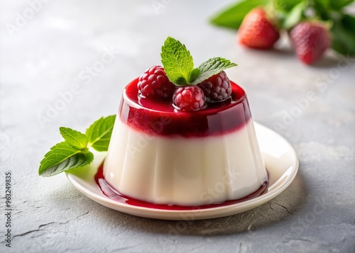 A subtle gradient of light and shadow accentuates the contours of the panna cotta, set against a crisp white background, with the berry sauce and mint garnish adding pops of color and freshness. photo