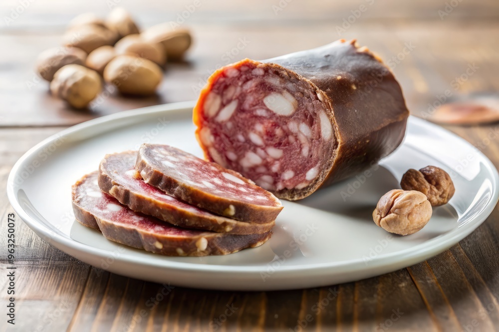 A minimalist arrangement of Salame del Duca on a plain white plate A minimalist arrangement of Salame del Duca on a plain white plate