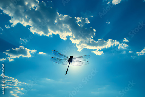 A dragonfly flies against a bright blue sky with fluffy white clouds.