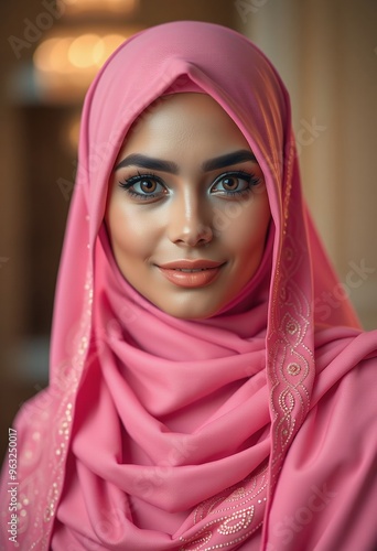 Fashion portrait of young beautiful muslim woman with pink costume wearing hijab