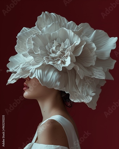 A woman wearing a large white flower hat with the petals covering her face.