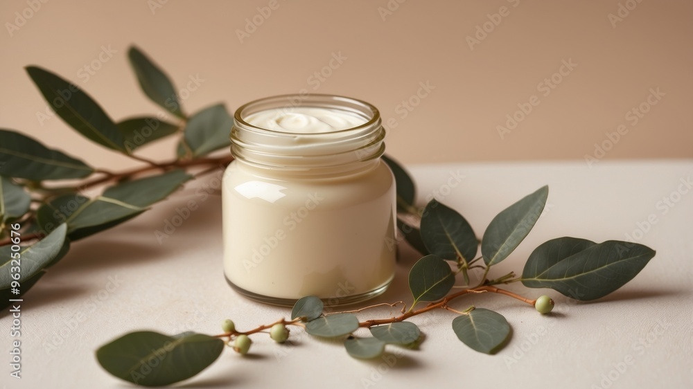 jar of organic cream with eucalyptus leaves on beige background flat lay top view copy space natural organic product beauty and spa concept. jar of organic cream with eucalyptus leaves on beige background flat lay top view copy space natural organic product beauty and spa concept.