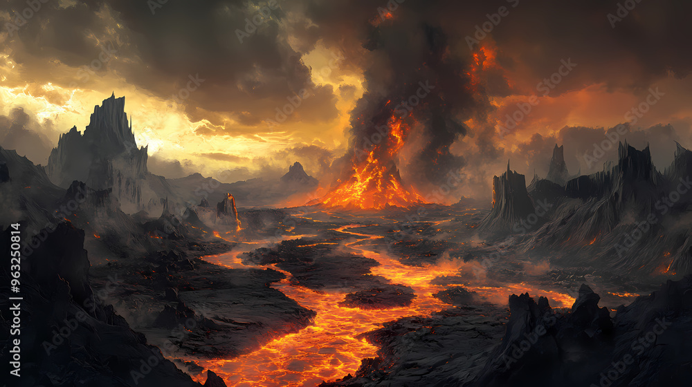 Fototapeta premium A vision of hell as a vast, infernal landscape, with rivers of lava flowing between jagged volcanic rocks, and ominous, smoky skies overhead. Volcanic. Illustration