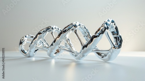 A DNA molecule sculpted from gleaming chrome, its metallic surface reflecting the surrounding environment like a polished mirror photo